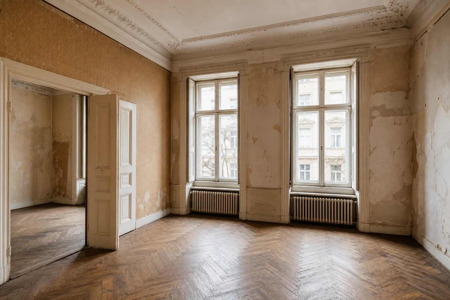 Unsanierte Altbauwohnung um 1900 mit Stuck, alten Fenstern und abgenutztem Parkett