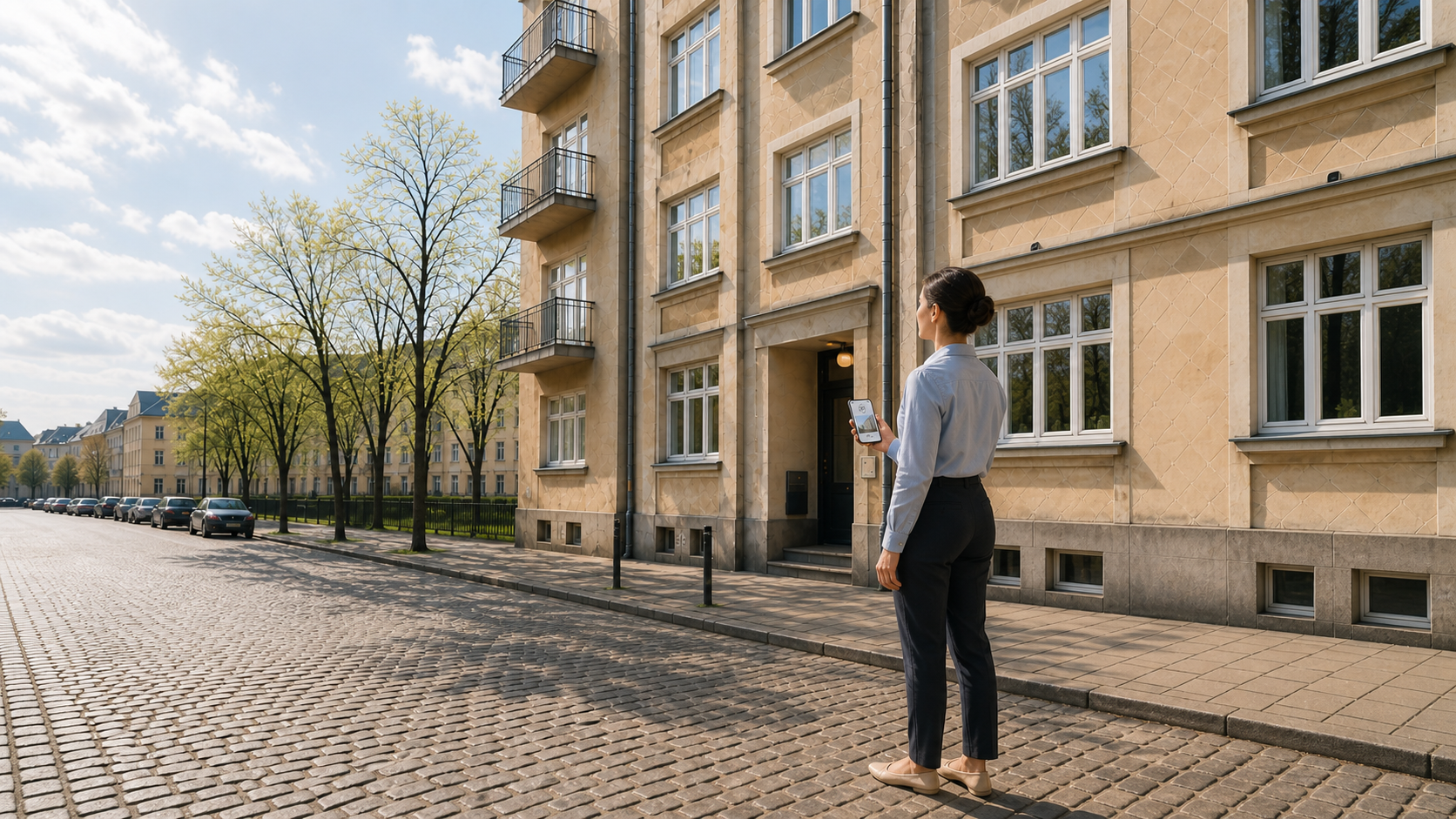Eine Interessentin betrachtet die geschlossene Immobilie von der Straße aus mit 360° Property