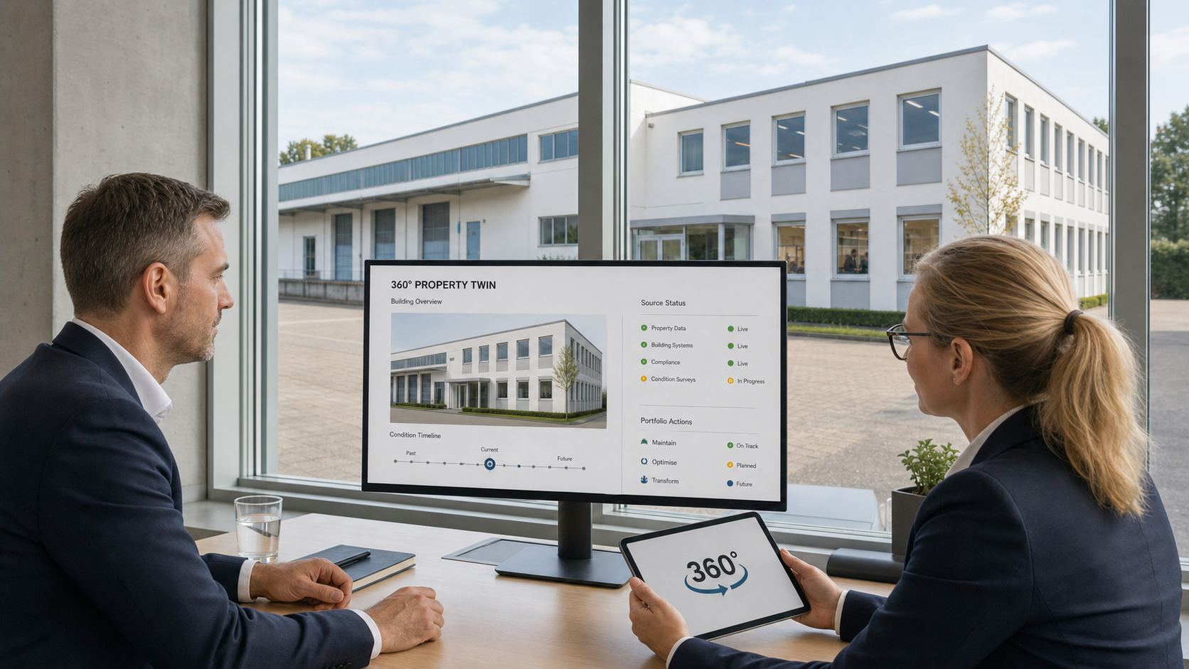 Institutionelle Nutzer begleiten eine Gewerbeimmobilie mit 360° Property