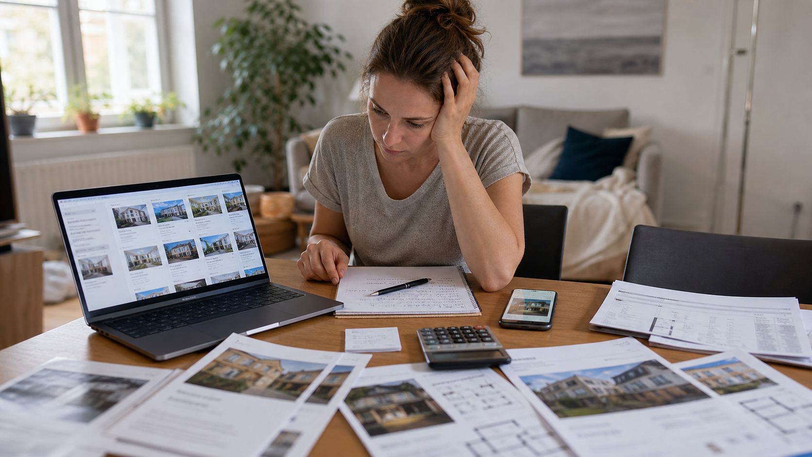 Suchende Person ist von unverbundenen Immobilienangeboten und Kostenfragen überfordert